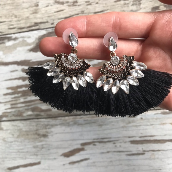 NWOT Jeweled Black Tassel Earrings - Picture 1 of 7